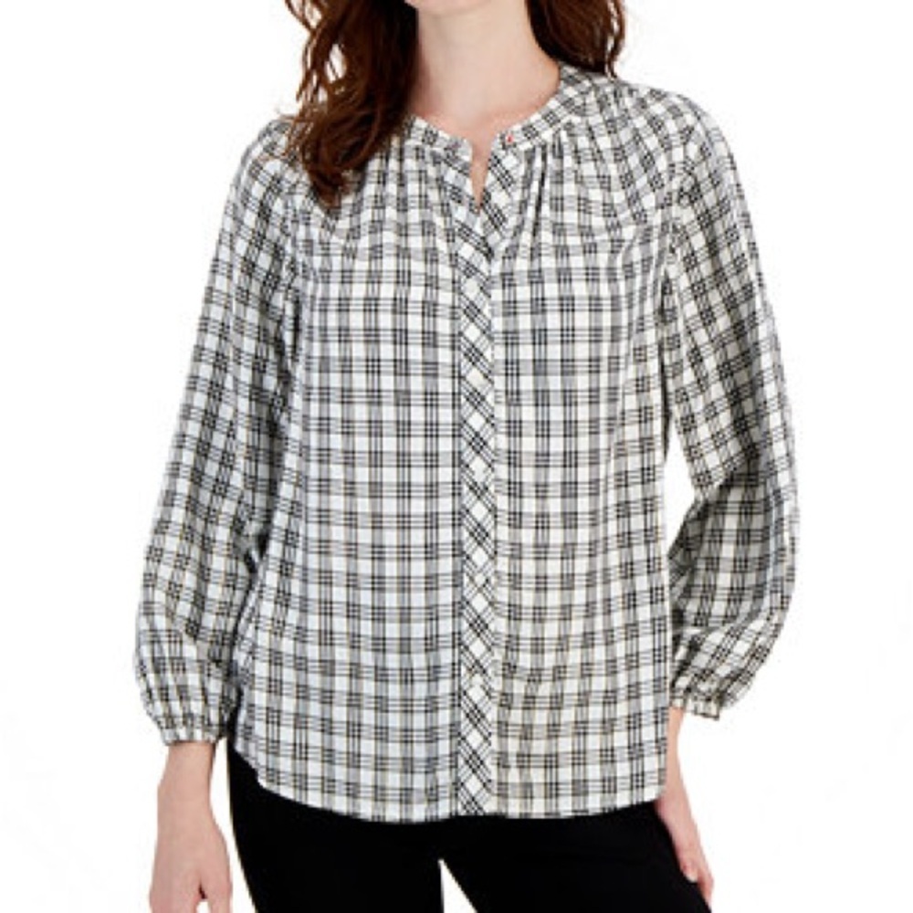 Tommy Hilfiger Women's Plaid Button Down Poet Shirt Large